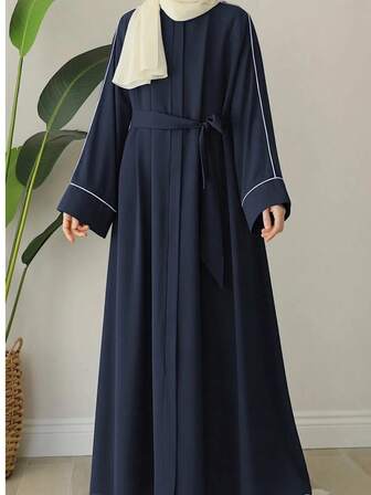 Black Turkish Dubai Middle Eastern Style Women's Loose Robe With Zipper And Belt, Long Sleeve Abaya
