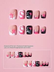 24片短方形豹纹粉白法式压花美甲贴纸，饰有爱心、星星和星期五图案，可爱少女风，完美贴合指甲，套装包含1瓶果冻胶和1把指甲锉，适合女性和女孩日常佩戴及各种派对场合的美甲用品。 - 彩色 - 查看 3