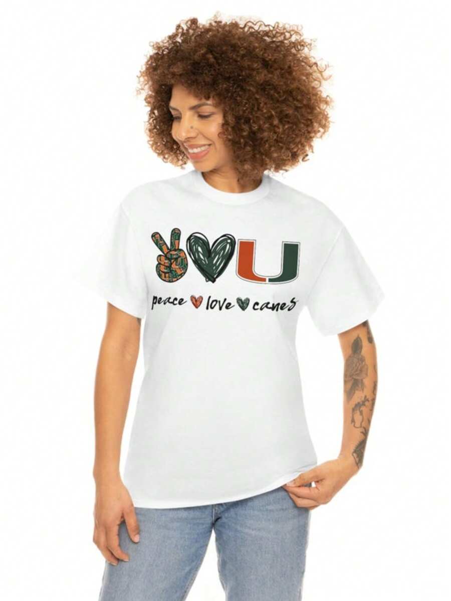 Peace, Love, Hurricanes, Miami Hurricanes Swag NCAA Football Women's Unisex Heavy Cotton Tee - trắng - Xem 1