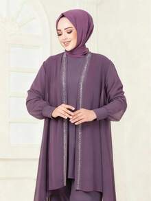Solessence Conjunto de 3 piezas de chaqueta, top y pantalones de unicolor casual para mujer, primavera - Morado - Ver 4