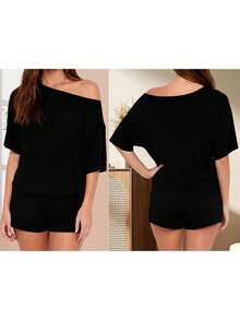 Women Summer Pajama Set Solid Color Off Shoulder Short Sleeve Tops And Mini Shorts 2 Piece Lounge Outfit - Black - View 5