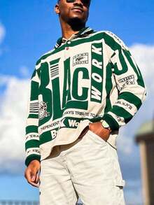 Men's Graphic Print Polo Shirt - Long Sleeve Cotton Jersey With All-Over Typography Pattern, Streetwear Collared Top For Urban Fashion - 綠色 - 查看 3