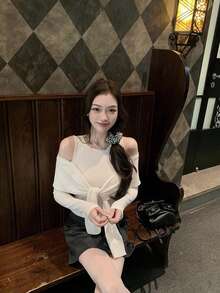 时尚披肩领二合一修身针织毛衣上衣（女款） - 白色 - 查看 6