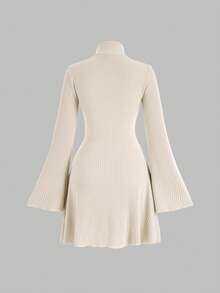 Vuslat Women's Knitted Fleece Underarm Striped Elegant Commuter Mini Dress With Stand Collar, Long Sleeve, A-Line, Suitable For Valentine's Day, New Year Party, Gathering, Office Daily Wear, Outerwear Dress - Apricot - View 5