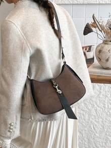 1 Bolso hobo con decoración de ganchillo de estilo minimalista vintage, bolso de media luna con correa ajustable adecuado para citas, salidas y fiestas - Café - Ver 4