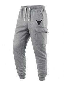 Men's Casual Fashionable Outdoor Drawstring Waist Cargo Pants, Autumn/Winter - Grey - View 2