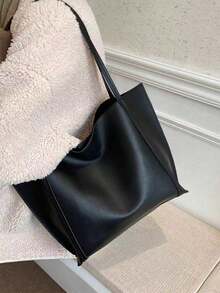 Minimalist One Shoulder Tote Bag With Inner Pocket, Black Vintage Tote Bag, Large Capacity Solid Color Shoulder Bag With Inner Pocket, Backpack, Large Capacity, Portable, Classic Casual, Business Casual, Suitable For Teenage Girls, Women, College Students, White-Collar Workers, Perfect For Work, Back To School, Middle School, High School, College, Vacation And Other Occasions. - Black - View 5