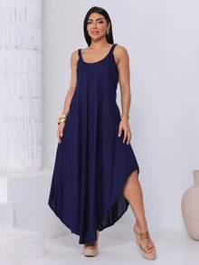 Plain  Trapeze Dress - Màu xanh hải quân - Xem 1