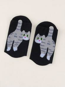 2双春秋季可爱女生日常外出吸睛猫屁股装饰柔软透气卡通风格短袜休闲穿搭闺蜜聚会猫咪袜 - 黑與白 - 查看 10