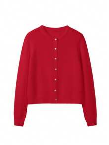 FOR BEAUTY 女士圆领扭结纽扣长袖针织开衫，短款宽松舒适毛衣外套，酒红色，适合春、秋、冬三季穿着。 - 紅色 - 查看 5