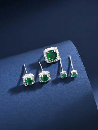 Set de 3 piezas de pendientes de tuerca de cobre con circonita cuadrada microincrustada, regalo elegante y minimalista de moda para mujeres