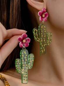 一对时尚春夏仙人掌吊坠耳环 - 亮粉色和绿色，锌合金材质，铁柱支撑，设计优雅性感，适合日常佩戴或度假，仙人掌装饰 - 彩色 - 查看 2