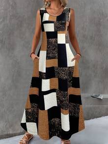 Vestido de Verão Casual Diário de Plus Size com Estampa Geométrica Sem Mangas, Elegante, Ideal para Férias e Uso Diário na Primavera e Verão - Multicolorido - Visão 2