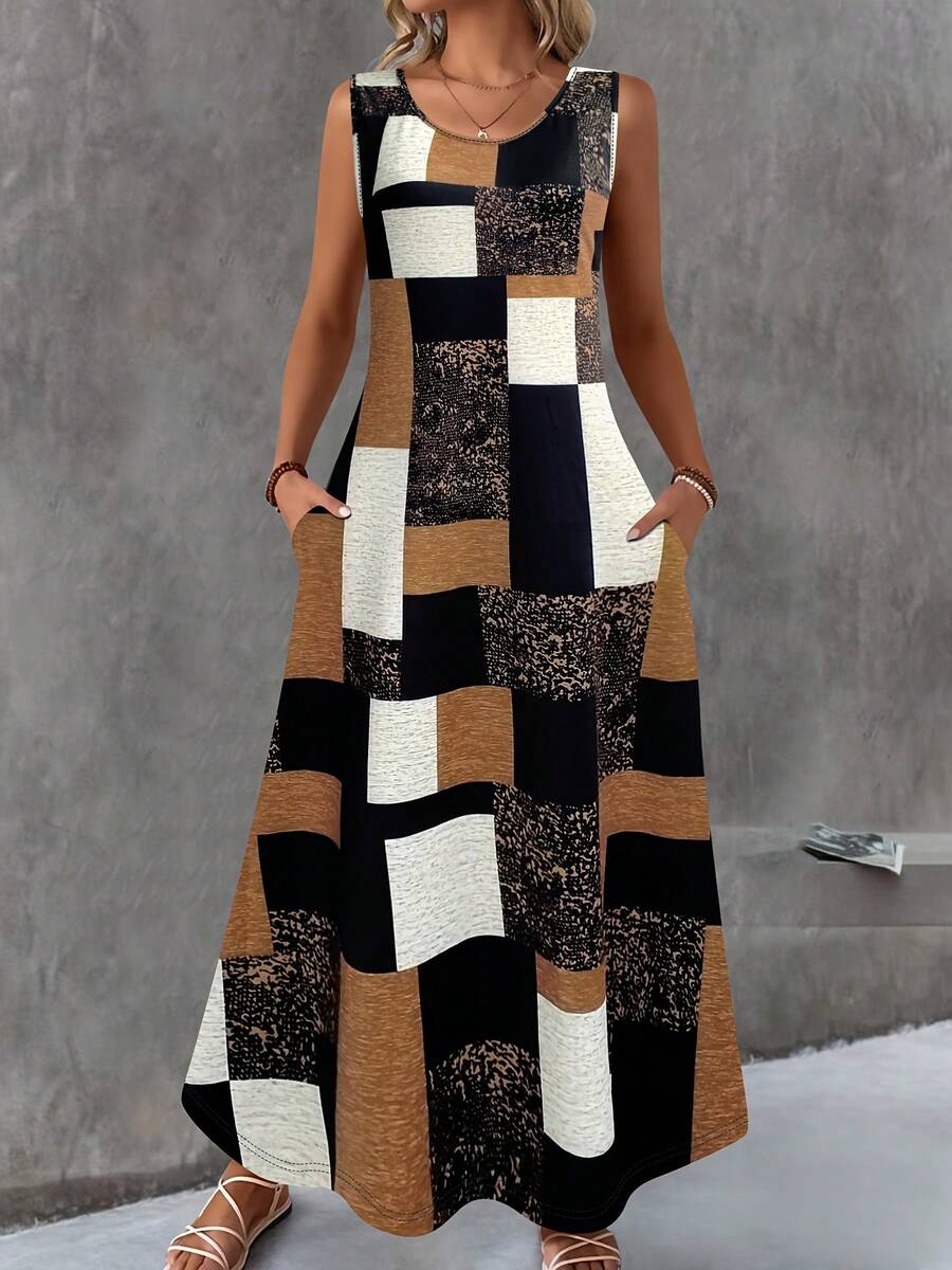 Vestido de Verão Casual Diário de Plus Size com Estampa Geométrica Sem Mangas, Elegante, Ideal para Férias e Uso Diário na Primavera e Verão