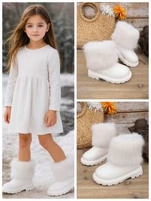 1 Paar weiße Kinder-Schneestiefel in großen Größen für Mädchen, einfarbig, weich und bequem, aus PU und Kunst-Kaninchenfell-Mix, klassisch minimalistisches Design mit Reißverschluss hinten, runde Zehenpartie, dicke Sohle mit Höhenzunahme, modische niedliche Mädchen-Stiefeletten, geeignet für 3-15 Jahre alte Schülerinnen, für Alltag, Party, Lässig und Outdoor, Herbst/Winter, neuer Stil - Weiss - Übersicht 7
