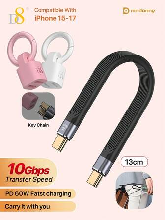  D8 USB-C 3.1 Gen 2 数据线，10Gbps 高速数据传输，60W PD 快充，支持 4K@60Hz 视频输出，铝合金 + 柔软 TPE 材质，13CM 紧凑型数据线，适用于 17/16 Pro/16 Pro Max（2025 新款）/15 Pro/15 Pro Max/15/15 Plus、MacBook Air 13.6/Pro 14、iPad Pro 2020-2024（11/12.9 英寸）/Air 5、Chromebook Pixelbook、Galaxy S23 Ultra/S22+/S21 FE、Oppo Find X7/Vivo X100、OnePlus 12 等设备。另有防撞耐磨便携式 Type-C 数据线，专为女性设计。