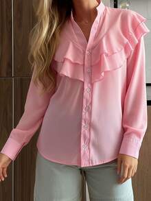 Women's V Neck Ruffle Shirts Fashionable Solid Color Long Sleeve Loose Fit Button Down Blouse - 粉色 - 查看 3