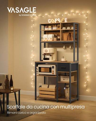 VASAGLE Scaffale Cucina con Multipresa, Mobile Cucina, 40 x 80 x 180,4 cm, Scaffale per Microonde, Ripiani Regolabili, Cassetto in Tessuto, 12 Ganci, Marrone Vintage e Nero Inchiostro