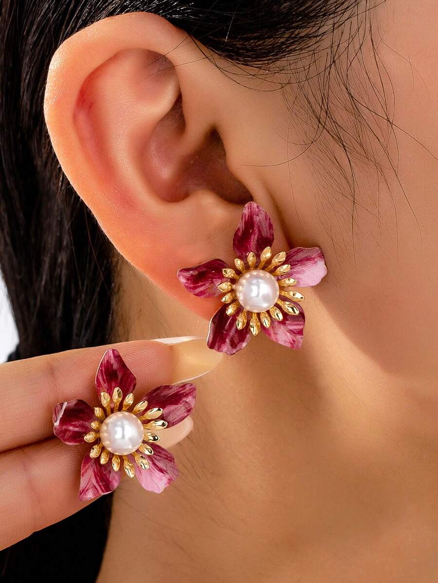 1 Cặp bông tai thiết kế tráng men hoa đính ngọc trai cổ điển thanh lịch dành cho nữ, trang sức Pháp cao cấp thích hợp cho trang phục hàng ngày, lễ hội, hẹn hò, tiệc tùng và các dịp khác - Màu đỏ tím - Xem 1