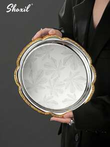 shoxil 1pc Two Tone Gold Trim Serving Platters With Tropical Leaf Pattern, Multi Shape Stainless Steel Trays, Elegant Tableware For Catering Buffet Tea Party Snack Service And Holiday Events - Tray - View 9