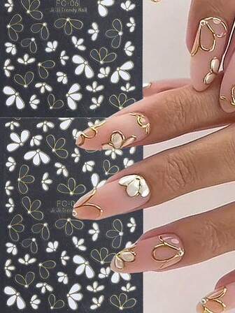 Pegatinas de uñas florales elegantes - Pegatinas 3D autoadhesivas de pétalos blancos y dorados para decoración de uñas, pegatinas de pétalos calados dorados dulces y simples, pegatinas de pétalos de flores, papel autoadhesivo, pegatinas de uñas artísticas con bordes dorados, pegatinas de bordes de pétalos dorados, pegatinas de pétalos asimétricos, pegatinas de flores para uñas, pegatinas de flores