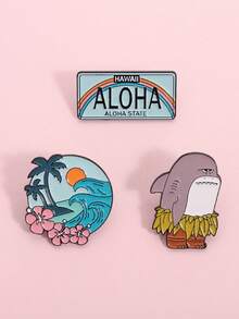1Set ALOHA Hawaii License Plate Enamel Pins Island Scenery Shark Brooches Lapel Backpack Badge Jewelry Accessories Gifts For Friends
