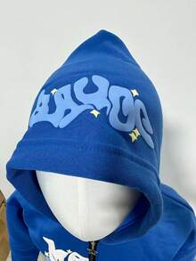 Y2K Retro Star And Letter Printed Zipper Hoodies,Spring Autumn Harajuku Y2K Women And Men Fashion Hip Hop Long Sleeve Hooded ,Avant-Garde - Street Casual Spring/Fall Loose Zipper Pocket Patched,Autumn And Winter Gothic Coat - 藍色 - 查看 3