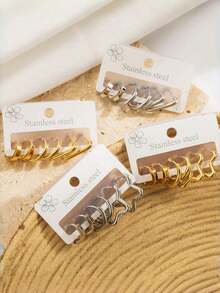 3对极简几何耳环套装，不锈钢耳钉，独特设计，适合作为圣诞节或生日礼物 - 均碼 - 查看 9