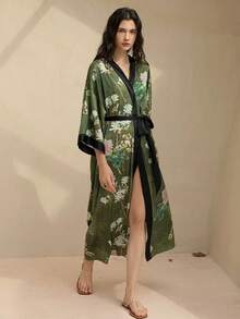 Vintage Bohemian Loose Mid-Length Fashionable Elegant Niche Design Kimono Cover Up, Casual Tie-Up Robe, Loungewear, Summer Beach Swimsuit Cover-Up, Lightweight Shawl Vacation Spring - 綠色 - 查看 3