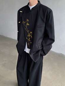 New Chinese Style Men's Black Gold Bamboo Embroidered Suit Jacket With Spring And Autumn High-End Feel Zhongshan Suit Jacket - màu đen - Xem 2