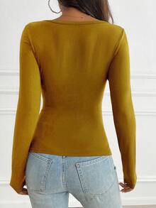 Áo thun nữ GAOVOT, phong cách Y2K mùa xuân hè, thường ngày, gợi cảm, màu trơn, phối ren, tay dài, cổ chữ V, phù hợp cho việc đi làm. - Nghệ - Xem 2