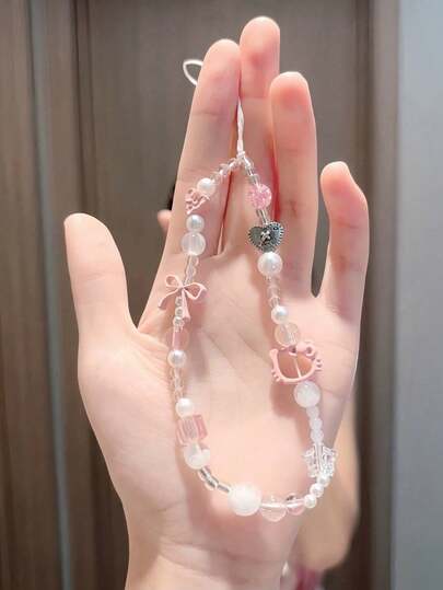 1件/套，Hello Kitty手机挂饰，可爱手机挂绳，蝴蝶结彩色手机链，手工串珠吊坠，珍珠手链钥匙扣，手机配件，可爱防丢手机挂绳装饰，防止相机掉落的腕带