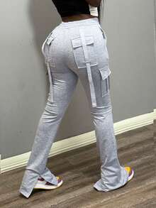 女式纯色抽绳多口袋休闲工装裤 - 灰色 - 查看 1