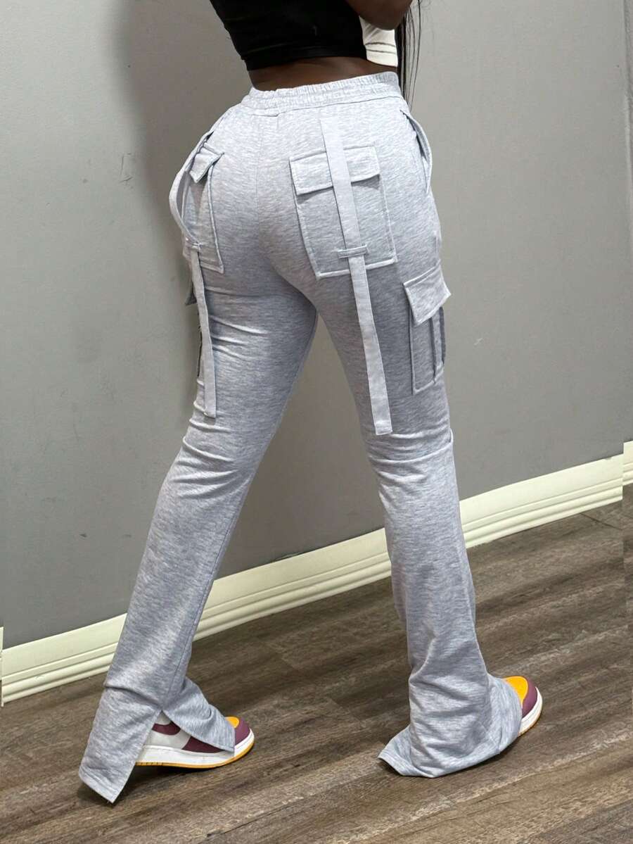 女式纯色抽绳多口袋休闲工装裤 - 灰色 - 查看 1