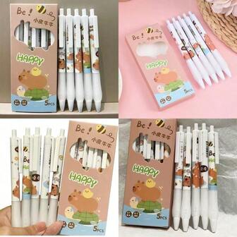 Pixuri retractabile drăguțe Capybara cu gel, pixuri cu cerneală neagră, 0,5 mm, vârf fin, pixuri pentru scriere netedă, pixuri cu gel estetice, rechizite școlare pentru femei, fete, băieți, bărbați, husă albă de mare capacitate, multistrat, perfectă pentru cadouri de întoarcere la școală și de Crăciun