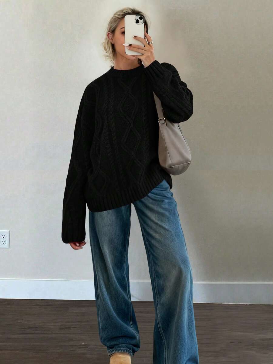 FOR BEAUTY 秋冬新款圆领扭结印花长袖针织衫，女士宽松黑色简约通勤套头衫，黑色长袖休闲宽松保暖上衣，新年