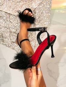 Women's New Black Feather Ankle Strap Red Sole Stiletto High Heel Round Toe Sandals, Suitable For Weddings, Banquets, Parties, Fashion Matching, Christmas, Valentine's Day, New Year Outfits - Black - View 1