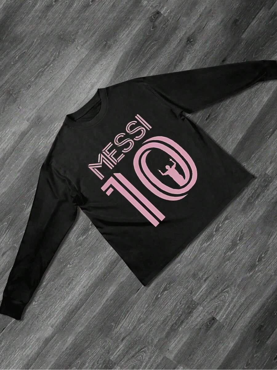 Bold Graphic Featuring Large Number 10 With Triumphant Silhouette Inside Symbolizing Victory And Achievement Paired With MESSI Lettering 100% Cotton Men Tshirt - màu đen - Xem 1