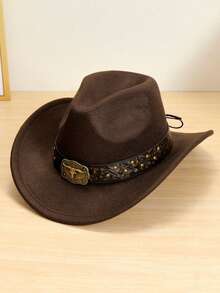 1pc Western Cowboy Hat, Unisex, With Detachable Silver Bull Head Decor Band, Suitable For Casual Everyday Wear, Holidays, And Western-Themed Parties - Multicolor - View 9