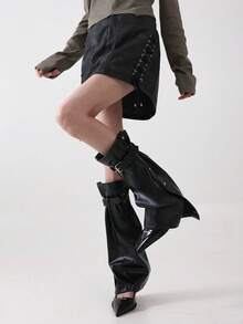 1 Pair Solost Dark Punk Style Black Cozy Leg Warmers, Women Metal Buckle Goth Outfit Micro Flare Boot Covers, Leather Cozy Leg Warmers