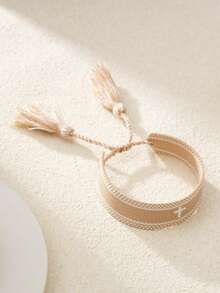 1 Peça Pulseira Artesanal Bordada com Cruz Trançada e Borla