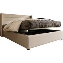 Storage Bed, Upholstered Bed, Hydraulic Double Bed 140x200cm, Including Mattress, Wooden Slatted Base, Bed With Metal Slatted Frame, Linen, Beige