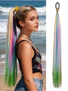 1pc 26-Inch Straight Ombre Purple-Blue Braided Ponytail Hair Extensions, With Elastic Band, Suitable For Girls And Women For Party And Festival Wear - Multicolor - View 11