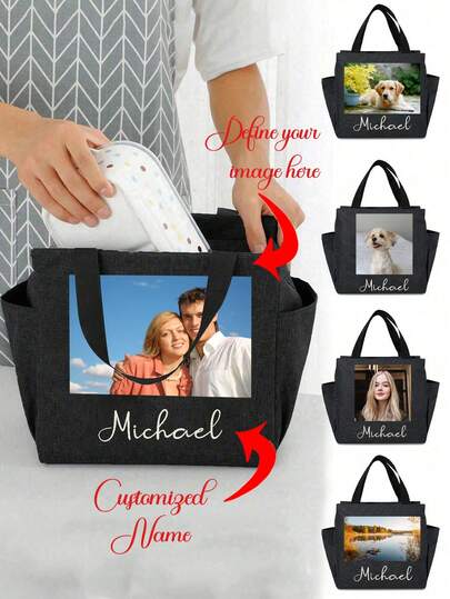 Customizable Insulated Lunch Bag With Photo And Name, Dual Pocket Design, Large Capacity Student Lunch Box With Thick Aluminum Foil Insulation, Reusable Thick Insulated Lunch Bag, Suitable For Daily Use, School, Work Or Travel Lunch Bag - Durable, Waterproof, Easy To Clean, Foldable, With Side Pocket, Essential For Commuting, Classes, Picnics, Outings And Travels.