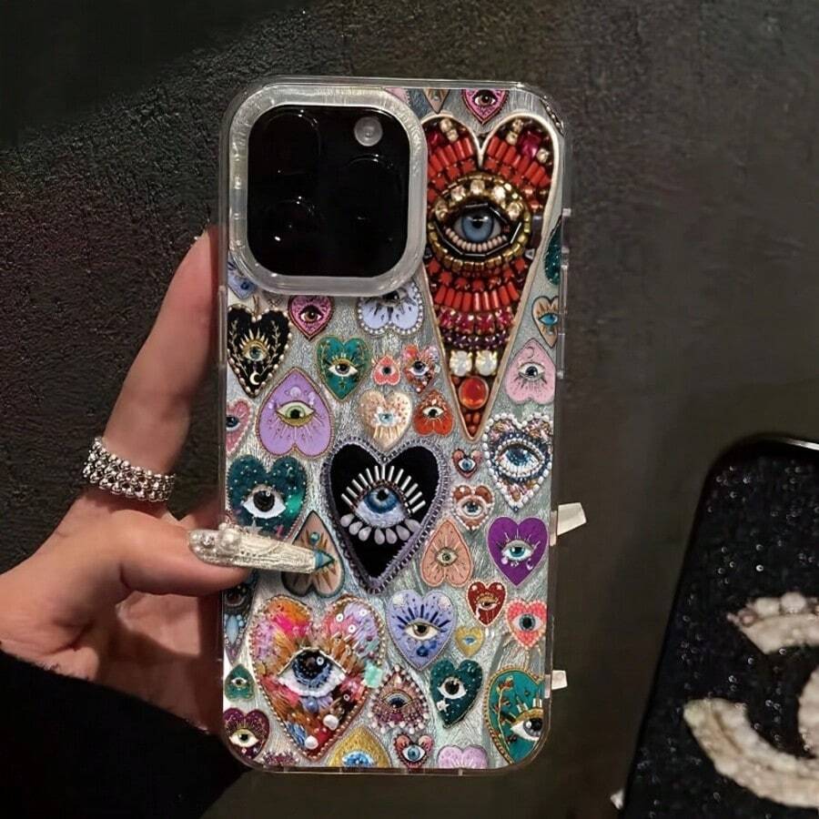 1 szt. Akrylowe etui na telefon z nadrukiem w kształcie serca i oczu, z miękkimi krawędziami, kompatybilne z Apple 17 16 15 14 13 12 11 XS XR X 8 7 Plus Pro Max Series, spersonalizowane etui ochronne w stylu INS, modny, minimalistyczny, uroczy design na całe ciało, prezent urodzinowy/świąteczny - Srebro - Zobacz 1