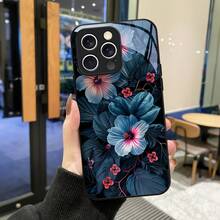 Funda de Teléfono de Vidrio Templado para iPhone 16 15 14 13 12 11 Plus Pro Max 5G Moda Azul Rosa Hibisco Estilo Realista Tono Oscuro Elegante - Colores mixtos - Ver 4
