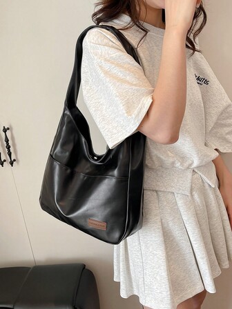 2025春夏新款大容量水桶包/单肩包/手提包，宽肩带，PU皮女包，适合大学、工作、通勤等场合，时尚简约大号纯黑色女包