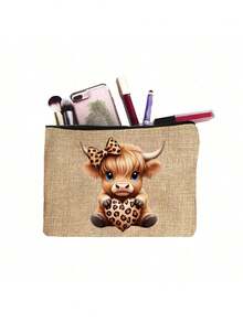 1pc Highland Cow Pattern Makeup Bag, Yellow Linen Cosmetic Bag, Simple Large Capacity Toiletry Bag, Wallet, Casual Organizer Bag, Travel Storage Bag, Stylish Coin Purses, Multi Functional Shopping Bag, Portable Clutches, 4 Styles Are Available, For Daily, Vacation, Beach, Travel, Commuting, Camping, Christmas, Thanksgiving, Valentine'S Day, New Year'S Gift - Multicolor - View 10