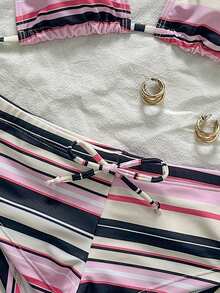 新款女士性感条纹印花夏季露背蝴蝶结比基尼套装沙滩装泳池派对泳衣 - 彩色 - 查看 6