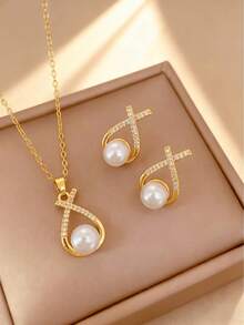 1 Set Stainless Steel Chain Zirconia Water Drop Faux Pearl Pendant Fashion Necklace & Earrings Set, Gift Jewelry - Gold - View 7